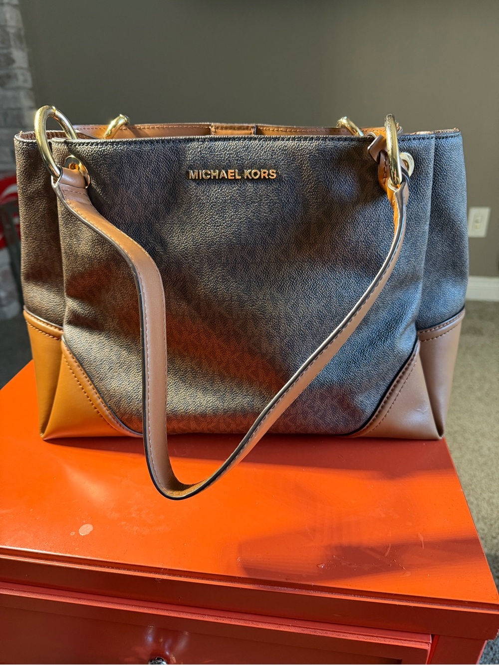 Michael Kors Black and Brown Leather-Trim Shoulder Bag
